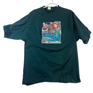 Vintage Gunes Dark Green Embroidered Dragon Sea Creature T-Shirt Mens L